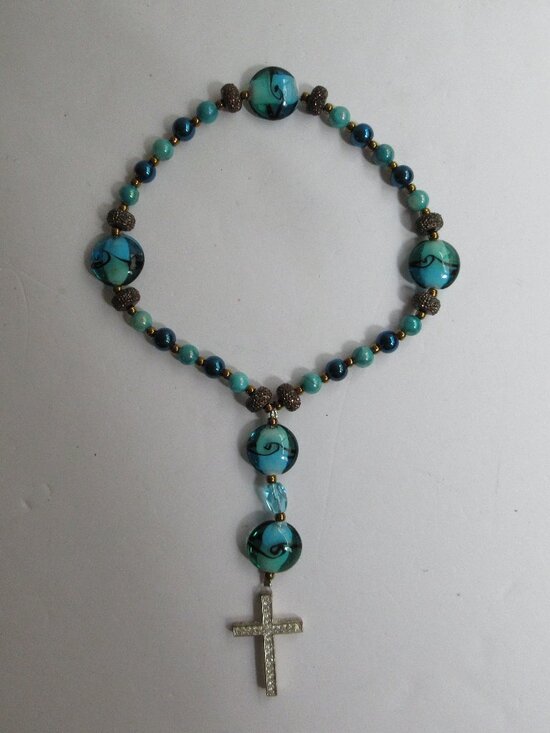 Source Unknown Jewelry - Blue Glass Bead Rosary Necklace Catholic Holy Rhinestone Cross Crucifix